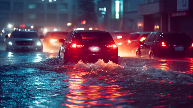 Emergency vehicles navigating flooded city roads as a flash flood disrupts traffic