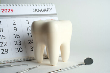 Dentist appointment calendar on a white background with copy space