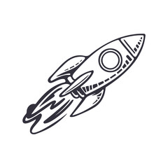 A black and white illustration of a rocket ship taking off. Silhouette Vector illustration