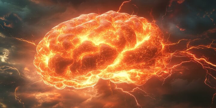 A fiery brain erupts with lightning.