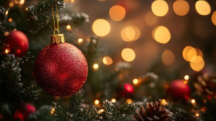 Chirstmas tree and lights and background. gold Red bobble decoration