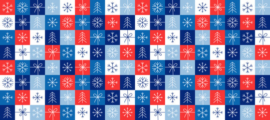 Seamless pattern snowflakes, stars, and festive ornaments. Flat design minimalist geometric shapes with a Scandinavian style. Holiday decorations, posters, and digital backdrops. Vector Illustration