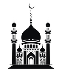 Black and white silhouette of a mosque with a crescent moon. Vector illustration