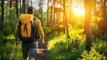Fototapeta premium guy walking through the woods with a backpack in the sunlight