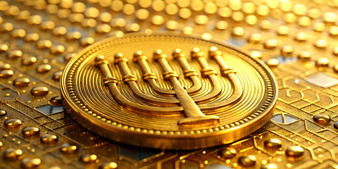 Macro Close-Up of Hanukkah Gelt with Futuristic Binary Code Etched in Gold, Blending Tradition and Technology with Intricate Details and Textures