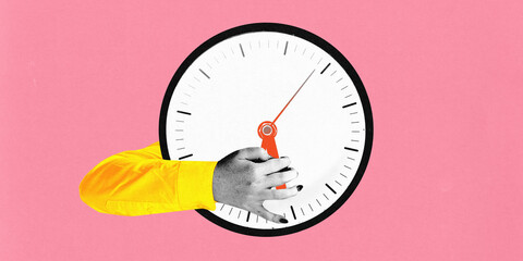 Hand firmly grasping clock against pink background. Urgency and importance of controlling time to...