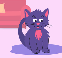 Cute cat is Sits in warm room. Concept of cozy home. Vector illustration in flat style.