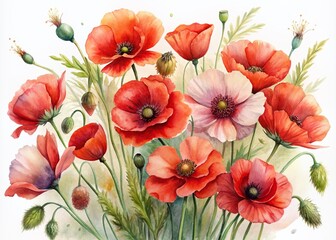Fototapeta premium Delicate watercolor frame surrounds a vibrant bouquet of red poppy flowers, softly swaying on stems, set against a gentle, creamy white backgrounds.