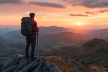 Fototapeta premium A hiker stands on a rocky peak enjoying a breathtaking sunset. The landscape is vast and colorful. Nature inspires adventure and exploration. Generative AI