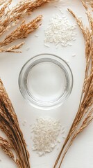 Composition with healthy rice water on white background