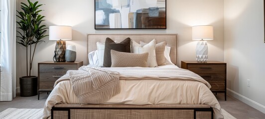 Fototapeta premium Bedroom with double bed, white light interior design