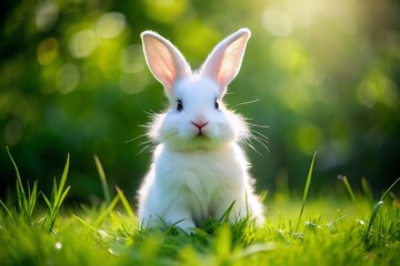 Obraz premium A adorable fluffy white bunny with bright curious eyes and twitching whiskers sits upright on a bed of