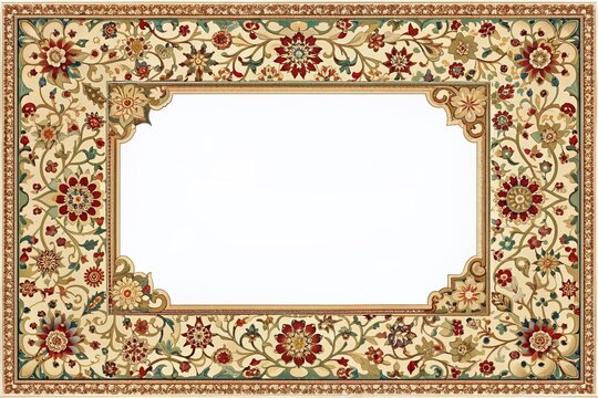 Delicate ornate rectangular frame featuring intricate floral patterns and ornamental details in oriental style, isolated on a clean white background with ample copy space.