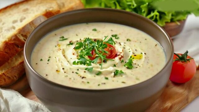 Fresh cream soup in a bowl with bread and seasonal salad HD High Quality 4K Video Clip soup, food, vegetable, meal, bowl, dinner, dish, healthy, chicken, white, lunch, hot, meat, cuisine, plate, cream