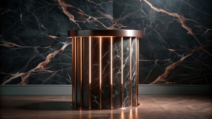 Contemporary black marble podium takes center stage, its sleek rose gold accents shining brightly, adding a touch of luxury and sophistication to any setting.