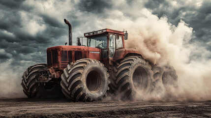 Heavy-Duty Rusty Tractor Emitting Smoke in a Muddy Field Under Cloudy Skies