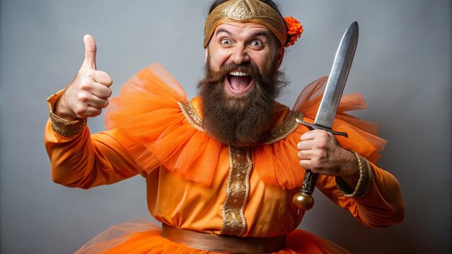 A bearded man wears a bright orange tunic and matching tutu, holding a medieval-style sword and giving a
