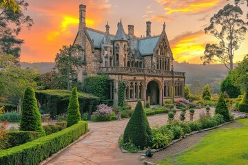 Fototapeta premium A stunning historic mansion surrounded by lush gardens at sunset.
