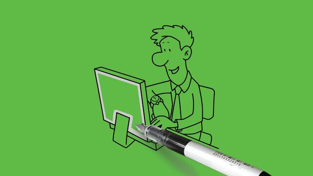draw young man sit on chair do work on computer place on table with black outline on abstract green screen background   
