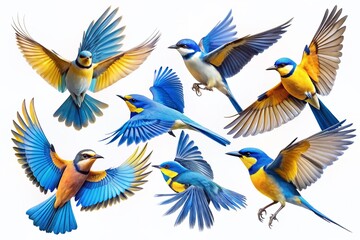 Obraz premium Vibrant blue and yellow feathered birds in various flying poses, with outstretched wings and slender bodies, set against a transparent background for easy composition.