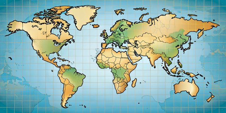 A beautifully designed, completely empty, and fully customizable world map with country borders, longitude and latitude