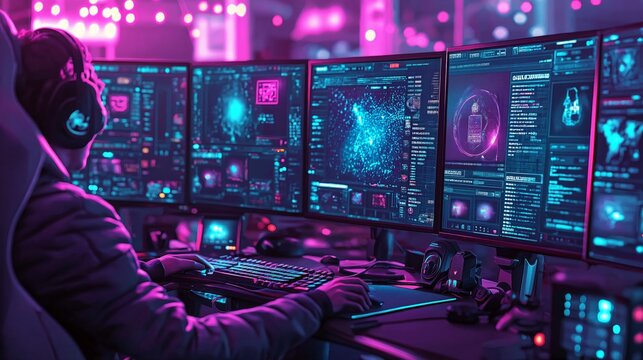 Gamer engaging in a live stream with multiple screens in a vibrant neon-lit futuristic gaming setup at night