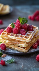 Delicious beautiful Belgian waffles. Selective focus