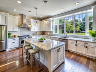 A beautifully renovated modern kitchen with sleek white cabinets, granite countertops, and stainless steel appliances,