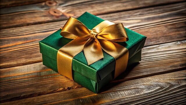 A beautifully wrapped gift box with a lush green ribbon and golden bow, sitting on a rustic wooden