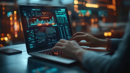 Businessman with laptop, automation icons on virtual screen, workflow optimization, automated business process, cutting-edge technology, productivity boost, sleek corporate ..