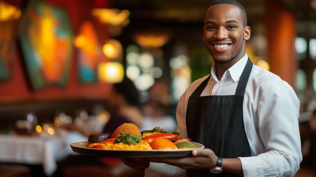 Waiter serves colorful African dishes in a warm, inviting restaurant setting