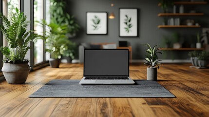 Laptop on a yoga mat in a minimalist living room with plants.