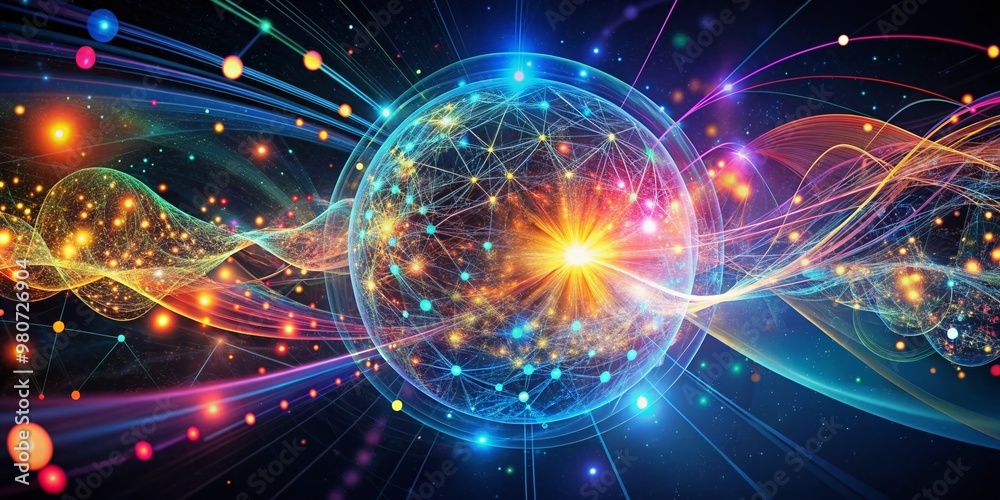 Poster vibrant futuristic digital graphic abstract background featuring swirling neural networks, glowing d