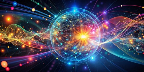 Obraz premium Vibrant futuristic digital graphic abstract background featuring swirling neural networks, glowing data streams, and particle flows, representing technological advancements and AI fundamentals.
