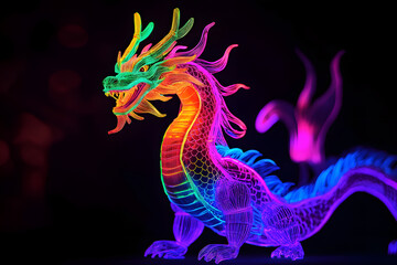 Neon dragon toy silhouette isolated on black background