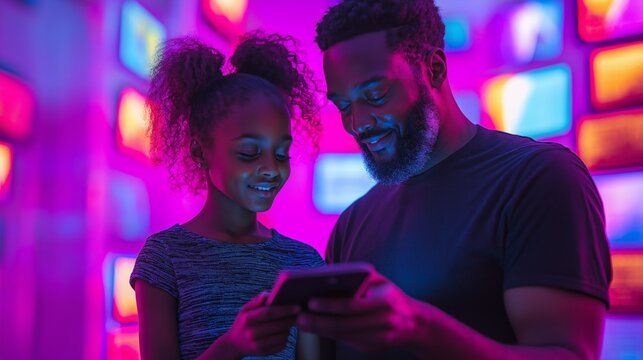 A Gen Alpha child and parent explore a vibrant digital art exhibition with an interactive guide on a creative journey