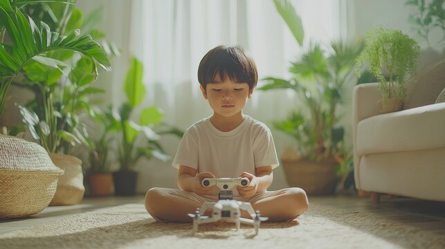 A Gen Alpha child controls a toy drone using a voice assistant in a modern living room surrounded by plants and natural light