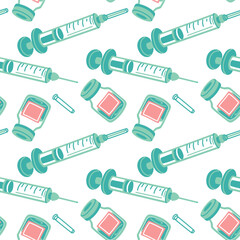 Injection pattern, an empty open syringe with an ampoule for injection. Vector flat texture on medical topics. Seamless injection products in pink, blue colors. illustration design, abstract texture