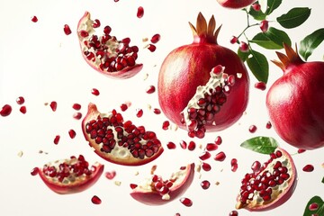 Vibrant pomegranate with juicy seeds scattered around. This image shows the beauty of fresh fruit. Perfect for food lovers and health enthusiasts. Generative AI