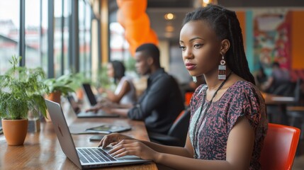 Young entrepreneurs collaborate in a vibrant African tech hub with innovative design and natural light