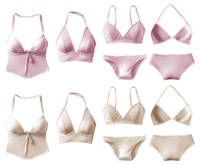 2 Set collection pastel light pink beige cream two piece swimwear swimsuit, triangle bikini, tankini, halter bra, top bottom on transparent cutout PNG. Many different style. Mockup template for design