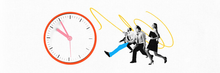 Three business people running toward clock, signifying race against time. Chaos of hurry. Finishing projects in time. Contemporary art collage. Concept of business, time management, deadlines