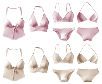 2 Set collection pastel light pink beige cream two piece swimwear swimsuit, triangle bikini, tankini, halter bra, top bottom on transparent cutout PNG. Many different style. Mockup template for design
