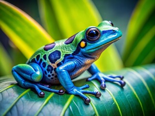 Obraz premium Vibrant green and blue frog perched on a fresh emerald leaf, showcasing its striking colors, patterned skin, and bright curious eyes in natural habitat.