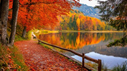 Scenic autumn path along a serene lake with vibrant fall foliage and a mountainous backdrop.