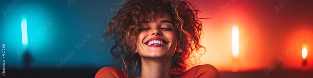 Wall mural happy woman smiling with curly hair in colorful light