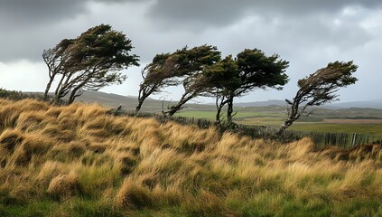 Obraz premium A dramatic landscape with windswept trees and swaying grass.