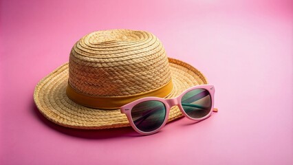 Vibrant straw hat and trendy sunglasses rest on a soft pastel pink background, evoking feelings of warm summer days and effortless chic style statements.