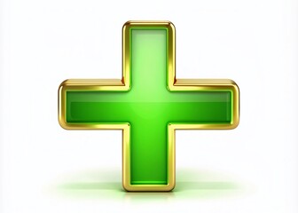 Obraz premium A bright green plus sign with a golden outline and subtle gradient, isolated on a pristine white background,