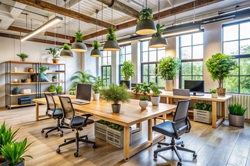 Fototapeta premium A brightly lit, modern office space filled with reused and refurbished desks, chairs, and shelves, showcasing